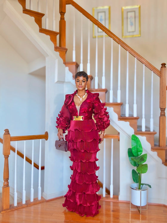 Burgundy Royal Ruffle Couture Gown