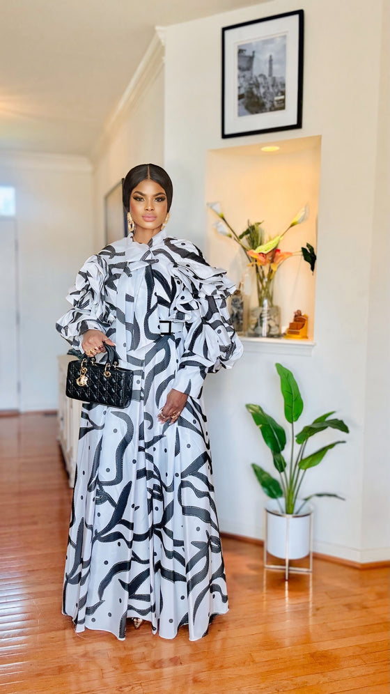 Monochrome Bow-Neck Bishop Sleeve Maxi Dress 🖤🤍