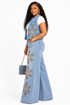 Golden Blossom Rhinestone Denim Set – Light Wash