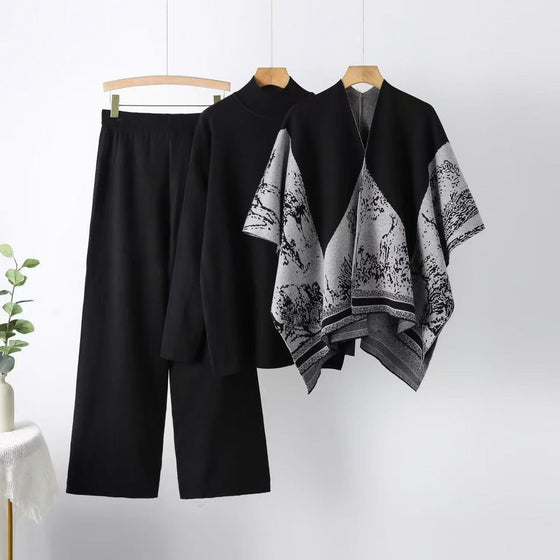 Luxury Knit 3-Piece Set with Printed Cape