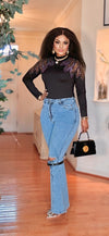 2PCS Rhinestone Top-Denim pant set(BLACK/GRAY)