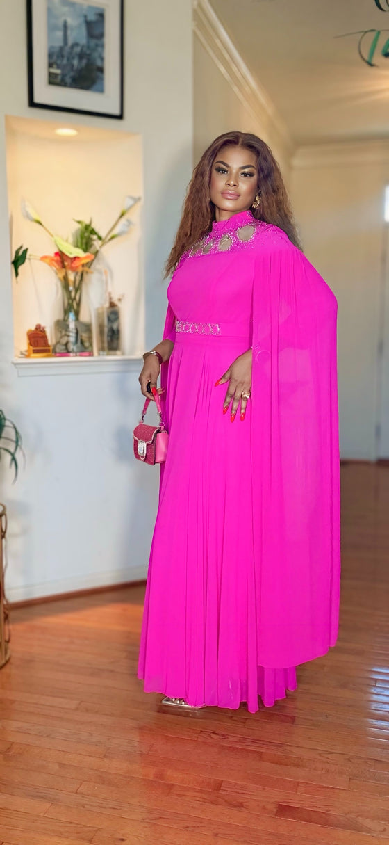 CAPE/FLOWY GEMSTONE BELTED DRESS(PINK)