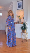 FLORAL BELTED LONGSLEEVE MAXI DRESS(Pink-Blue)