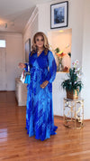 RUCHED-BELTED LONG-SLEEVE MAXI DRESS(BLUE)