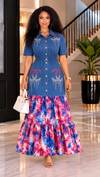 Crystal Charm Denim Maxi Dress(Blue)