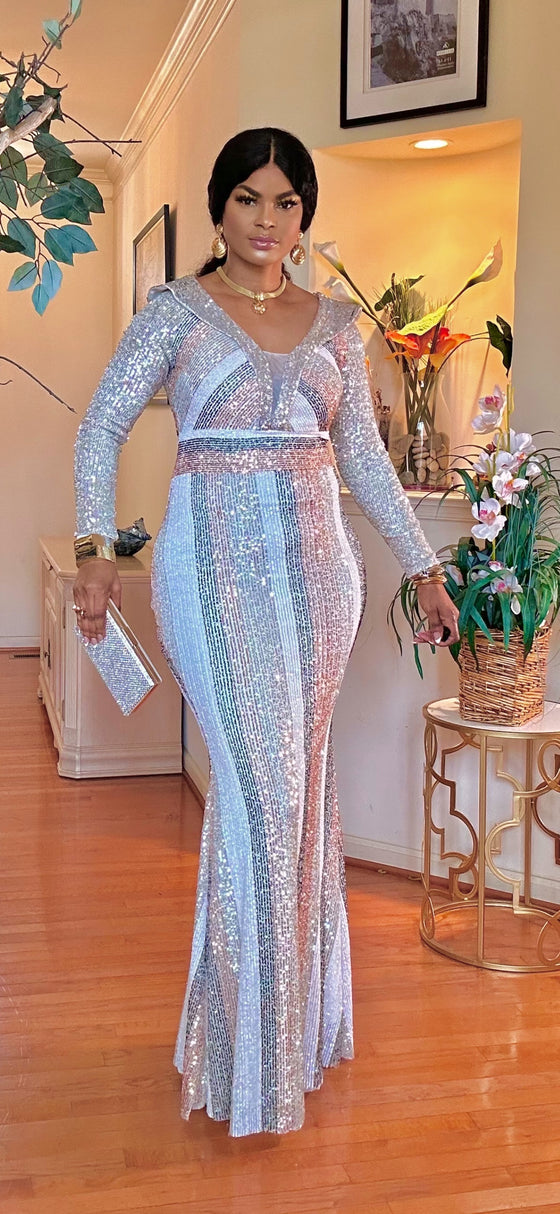 MULTI SQUINS LONGSLEEVE MAXI DRESS(MULTI SILVER)