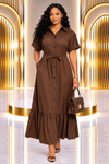 THE SAVANNAH STRIPE BELTED MAXI DRESS(Brown)