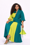 Two-Tone Royal MIYAKI Pleated Skirt Set(GREEN/LEMON)