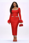 Royal Feather Jewel Bandage Midi Dress(Red)