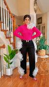 DETACHABLE RUFFLES PETALS  PINK TOP-BLACK DENIM SET