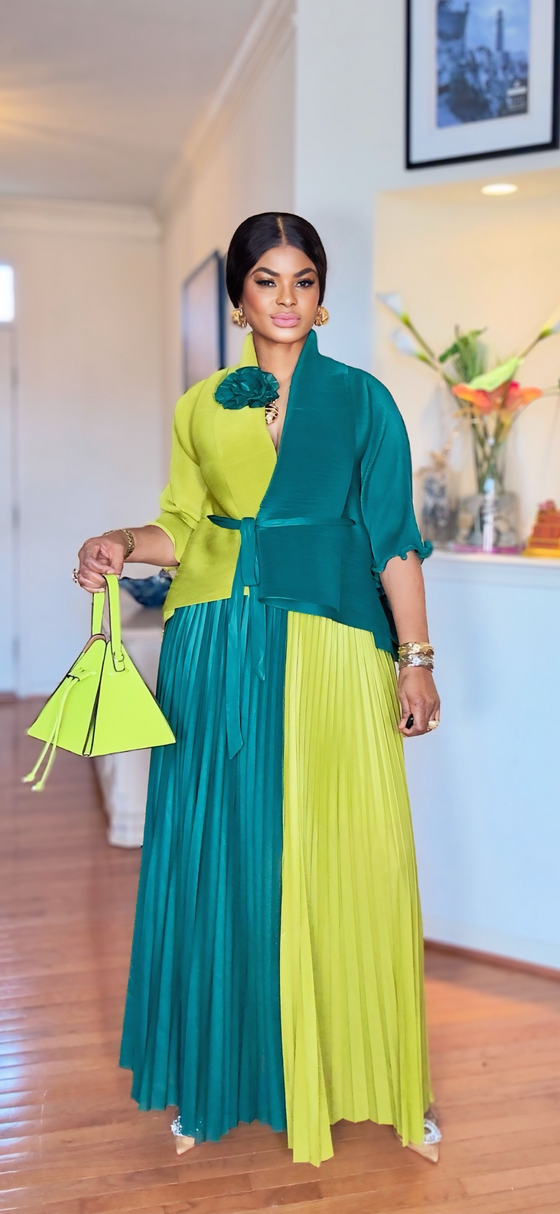 Two-Tone Royal MIYAKI Pleated Skirt Set 💛💚