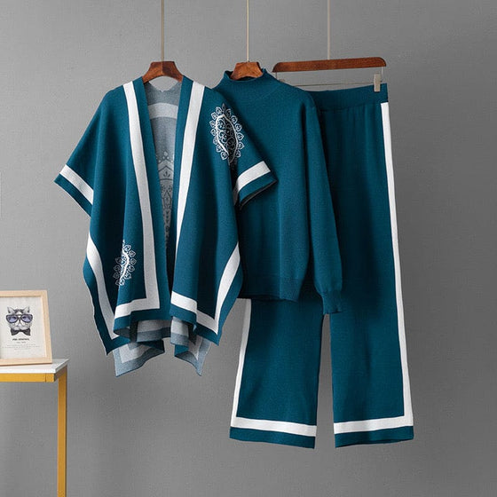 Royal Teal Embroidered Knit 3-Piece Set