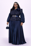 Navy Luxe Sequin Peplum satin Pleated Skirt Set