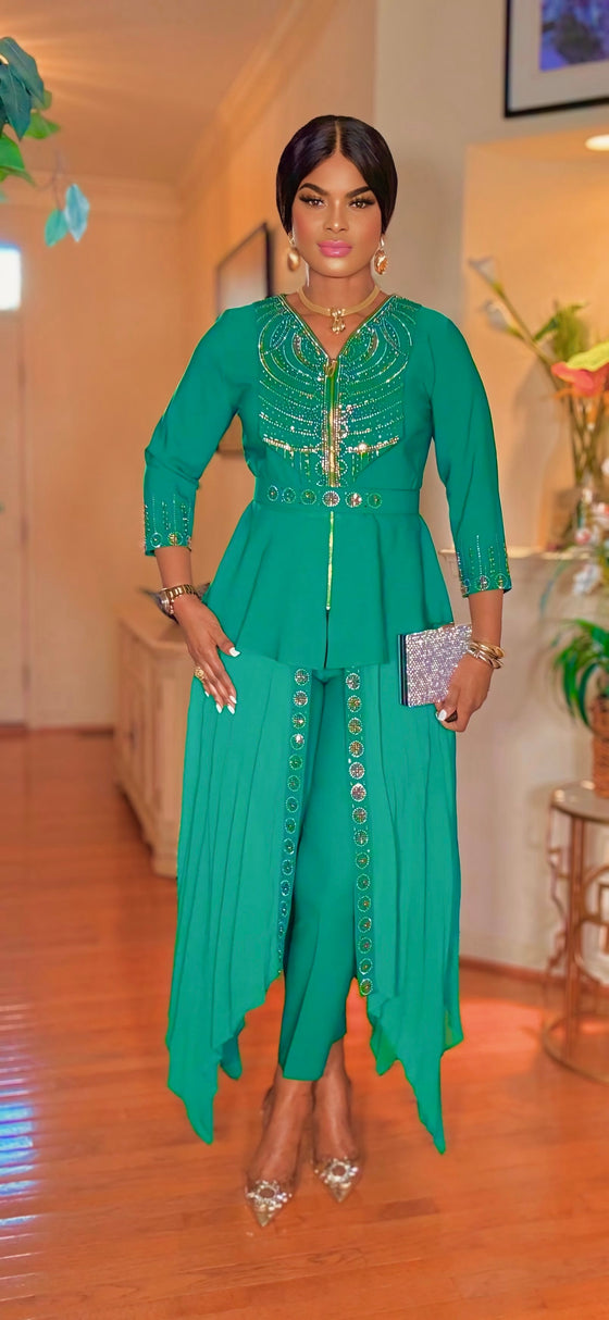 3 piece top/pant/belt pant set(GREEN)