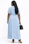 Luxe Draped Belted Maxi Dress(Lit blue)