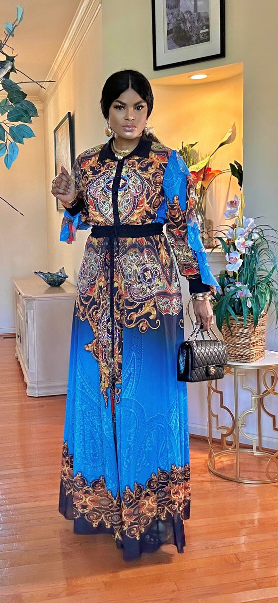 RHINESTONE SHIRT- FLOOR LENGTH MAXI SKIRT SET(ROYAL BLUE)