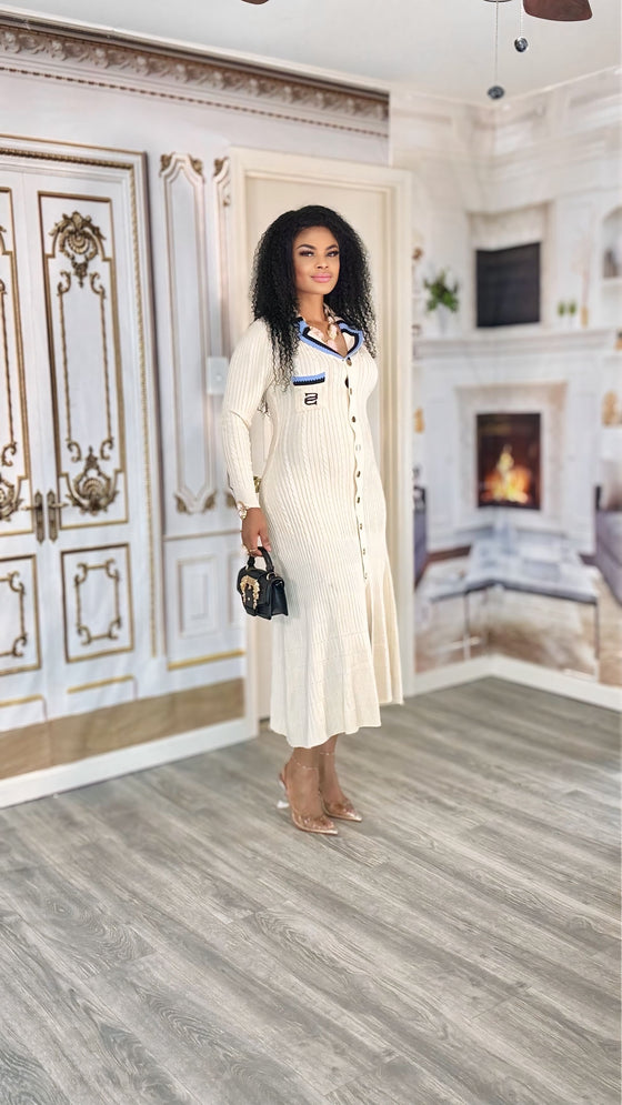 Luxury Knit Button-Down Midi Dress – Cream White