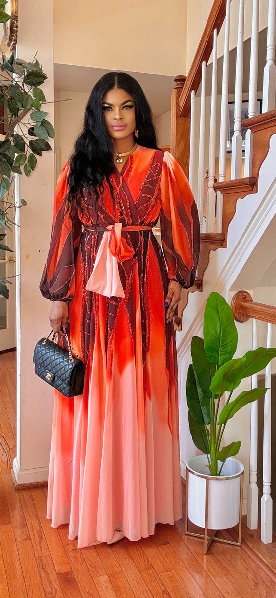 RHINESTONE LONGSLEEVE BELTED MAXI DRESS(ORANGE-PEACH)