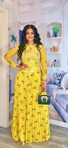  Mustard 2-Piece Pleated Skirt & Sheer Blouse Set