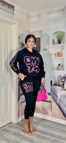  Work Mode Sequin Hoodie Jogger Set – Black & Pink