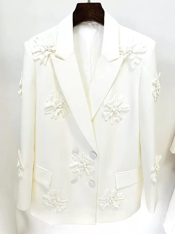 Elegant White 3D Floral Embellished Blazer Jacket(PREORDER ONLY)