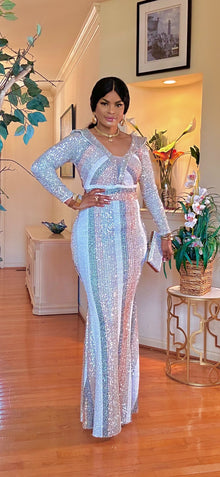  MULTI SQUINS LONGSLEEVE MAXI DRESS(MULTI SILVER)