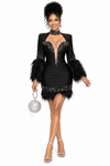 Luxe Crystal Feather Mini Dress(Black)