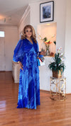 RUCHED-BELTED LONG-SLEEVE MAXI DRESS(BLUE)