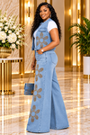 Golden Blossom Rhinestone Denim Set – Light Wash