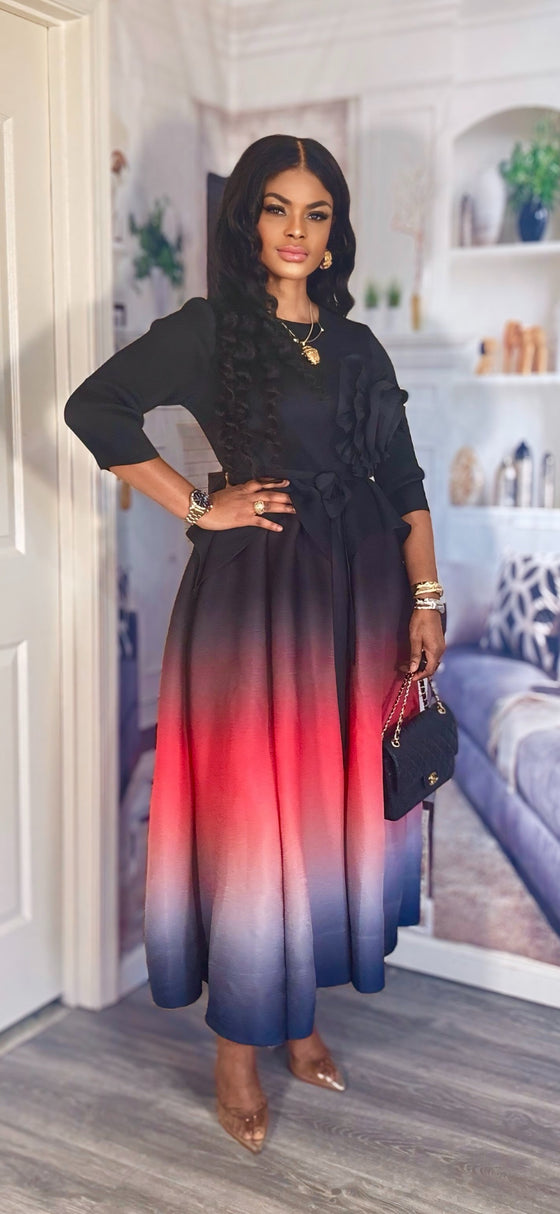 OMBRÉ  MIYAKI BELTED  DRESS(BLACK)