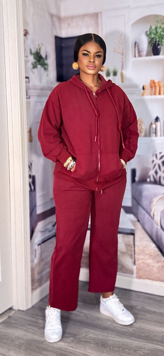 Cozy Zip-Up Jogger Set(Wine)