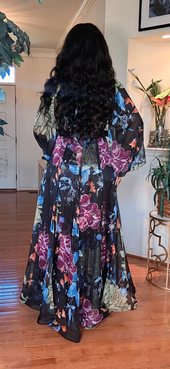 FLORAL BELTED MAXI DRESS(BLACK MULTI)