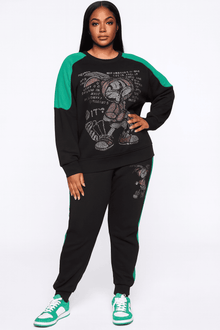  Glam Bunny Sequin Jogger Set – Green Black & Hot Pink