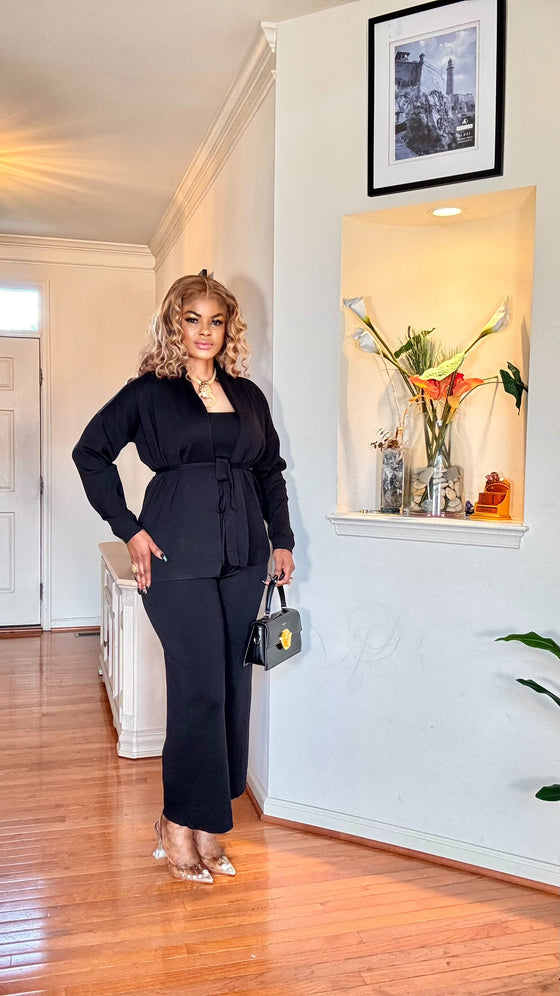Luxe 3-Piece Belted Longsleeve Knit set(Black)