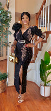 COUTURE BELTED RHINESTONE DRESS(BLACK)