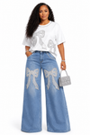 2 PIECE Pearl Bow Rhinestone Denim Set