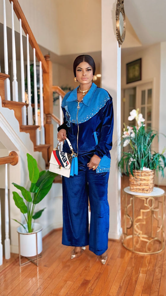 FRONT ZIPPER VELVET-DENIM PANTS SET