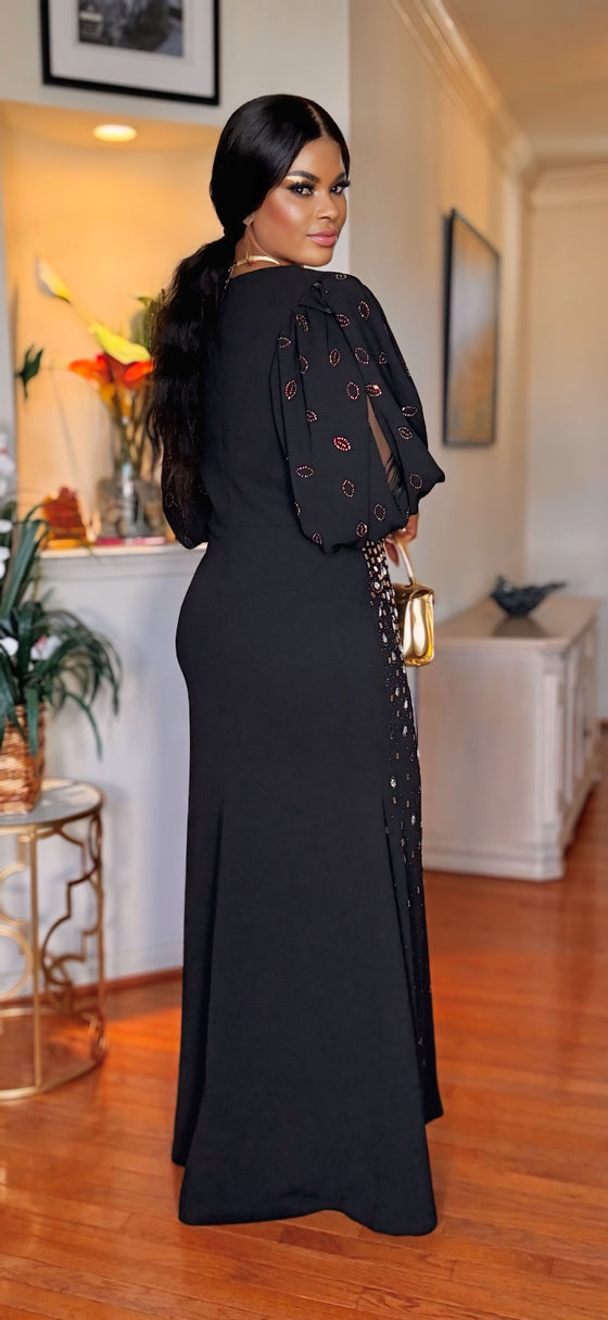 PUFFY/RHINESTONE SIDE SLIT MAXI DRESS(BLACK)