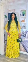 Mustard 2-Piece Pleated Skirt & Sheer Blouse Set
