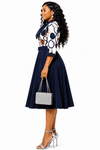 Elegant Grace Bow Midi Dress(Navy )