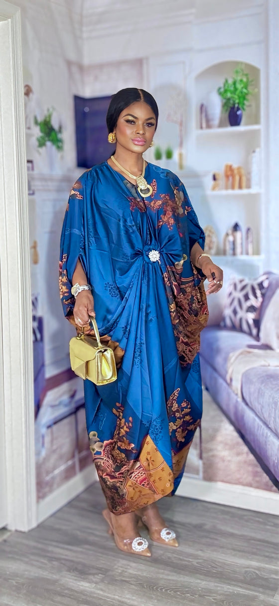 Luxe Royal Satin Kaftan Dress(skyblue/Brown)