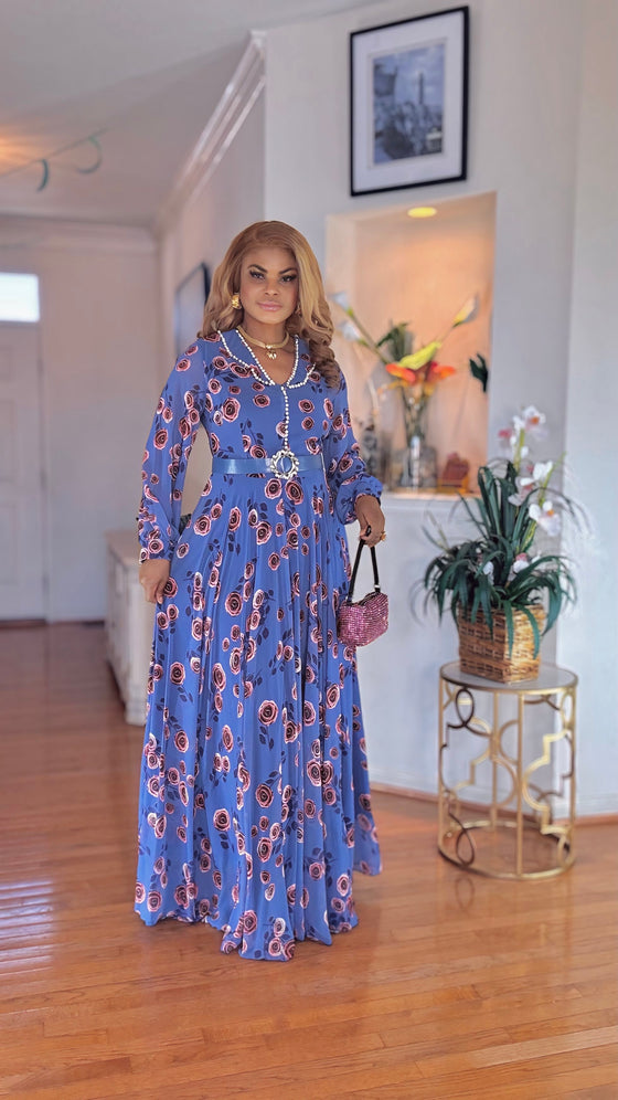 FLORAL BELTED LONGSLEEVE MAXI DRESS(Pink-Blue)