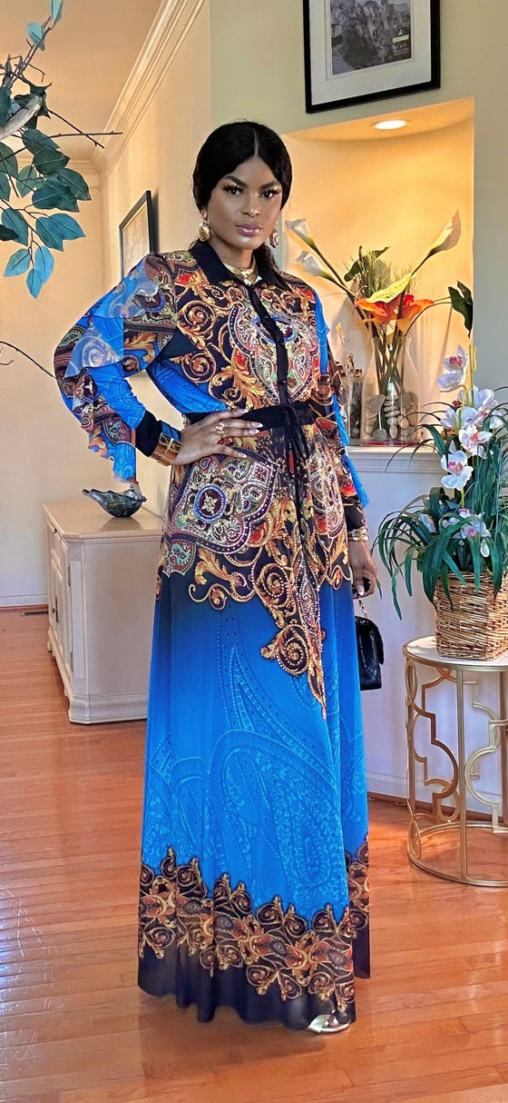 RHINESTONE SHIRT- FLOOR LENGTH MAXI SKIRT SET(ROYAL BLUE)