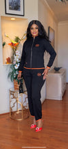 Front zipper joggers knit set(BLACK/ORANGE)