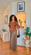 Luxe Pleated Set MIYAKI belted  Top & pleated pant Set(BROWN)