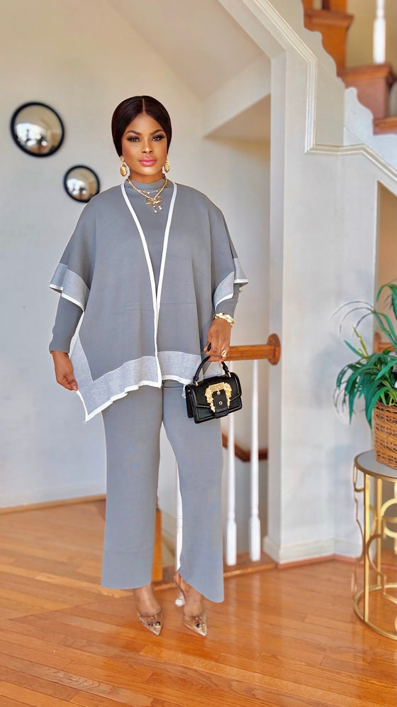 3 PIECE CAPE-TOP-PALAZZO ONIT PANT SET(GRAY)