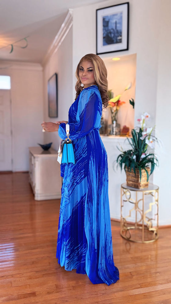 RUCHED-BELTED LONG-SLEEVE MAXI DRESS(BLUE)