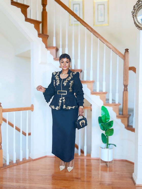 Black Royal Gold Embroidery Peplum Skirt Set