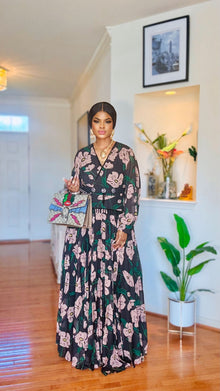  Floral Elegance Pleated Maxi Dress with Rhinestone Belt