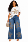 Golden Bloom Rhinestone Denim Pant Set